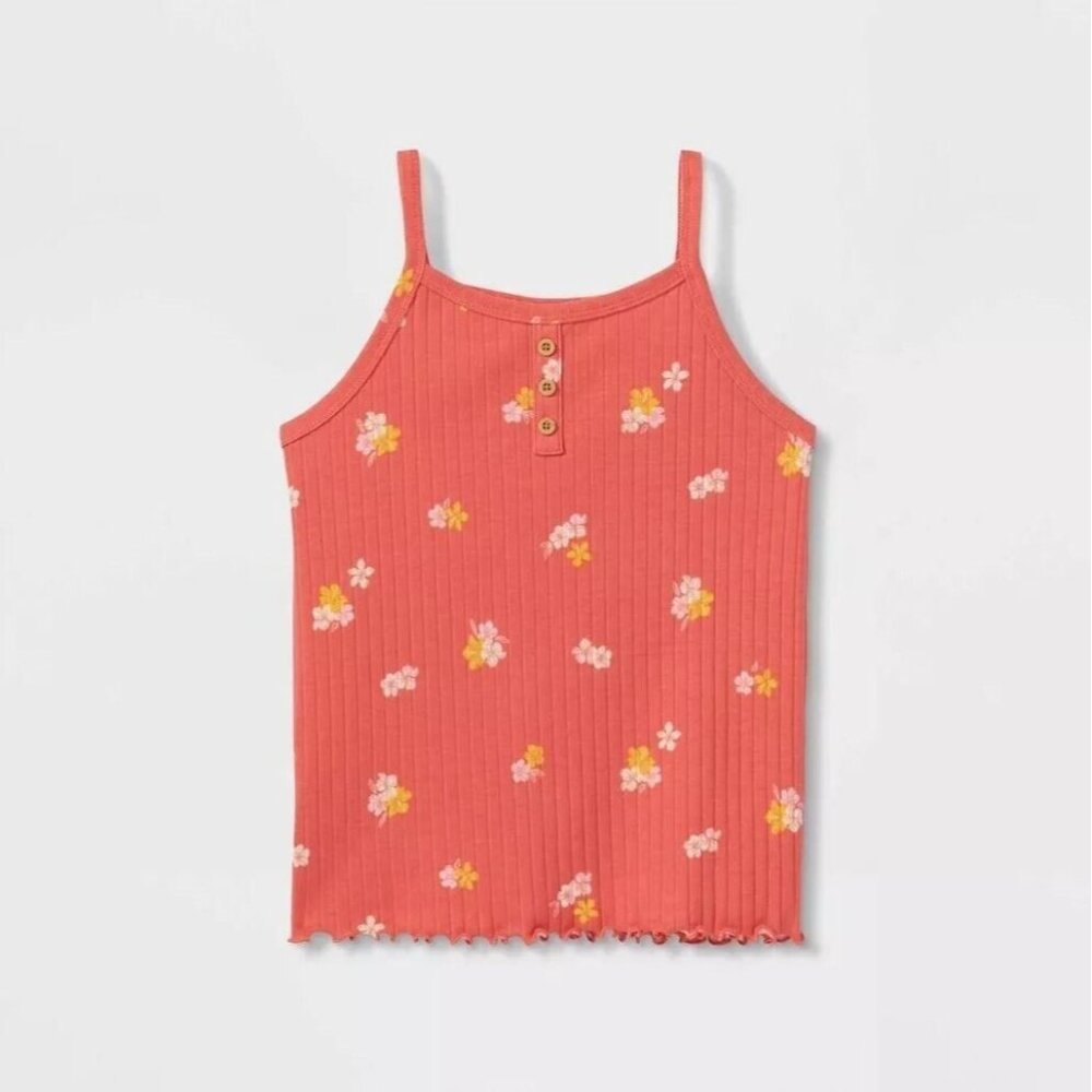 NWT Cat & Jack Girls Summer Tank Top Bright Coral Floral Rib Knit 3-Button